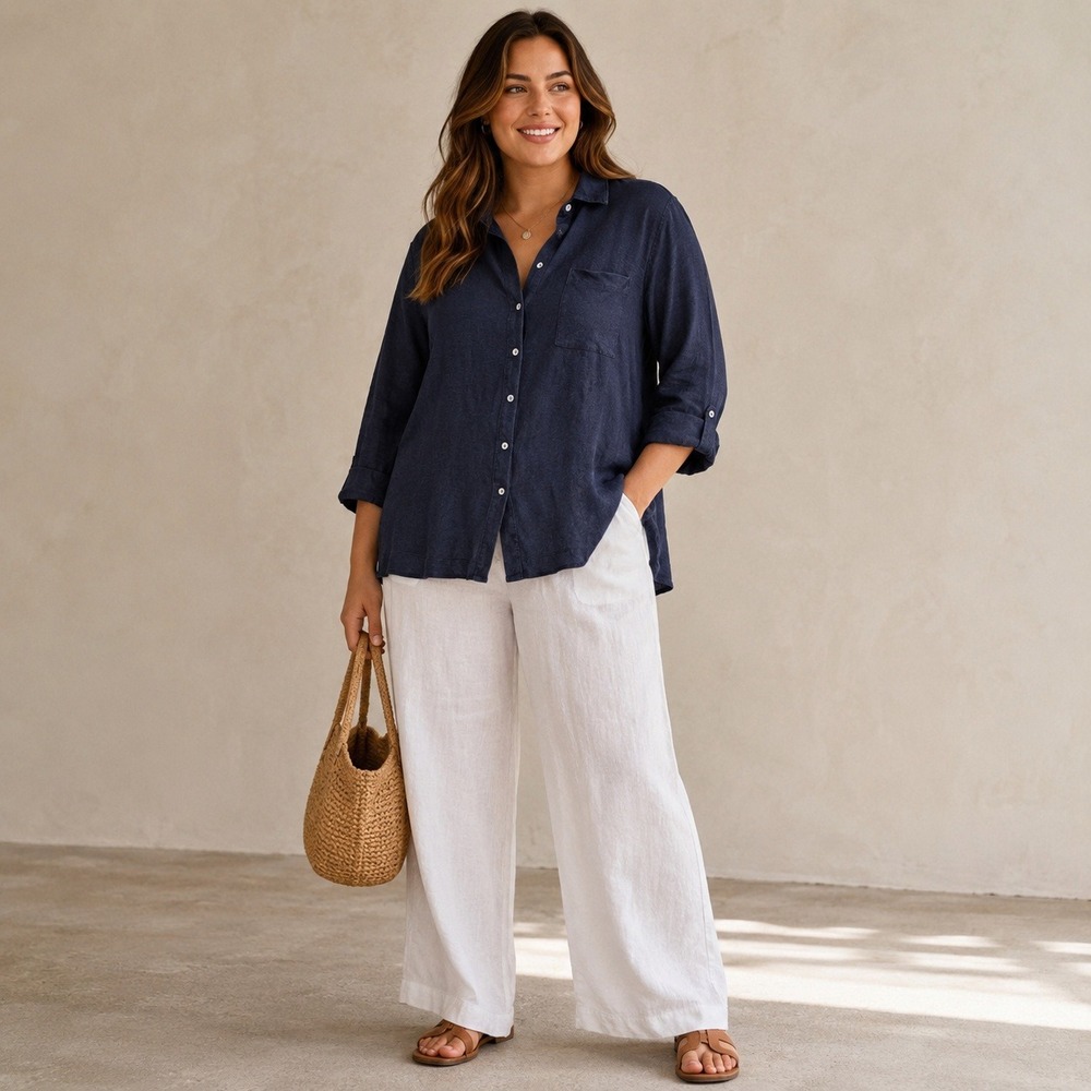 Chicos Navy Blue 100% Linen Button Down Shirt 3/4 Sleeve Size‎ 3 XL